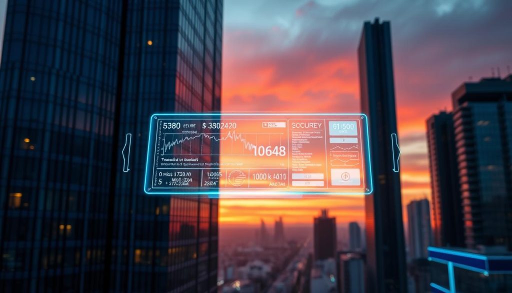 A serene cityscape at dusk, with a modern high-rise in the foreground, its glass facade reflecting the vibrant sunset hues. In the center, a holographic interface hovers, displaying intricate cryptocurrency transaction details in a clean, minimalist design. The background is a bustling metropolis, hinting at the secure, regulated financial ecosystem enabling seamless and safe cryptocurrency exchanges. Subtle blue-green neon accents highlight the state-of-the-art security measures, while a warm, soft lighting creates an atmosphere of trust and reliability. The overall scene conveys a sense of advanced technology, financial stability, and the secure future of cryptocurrency trading.
