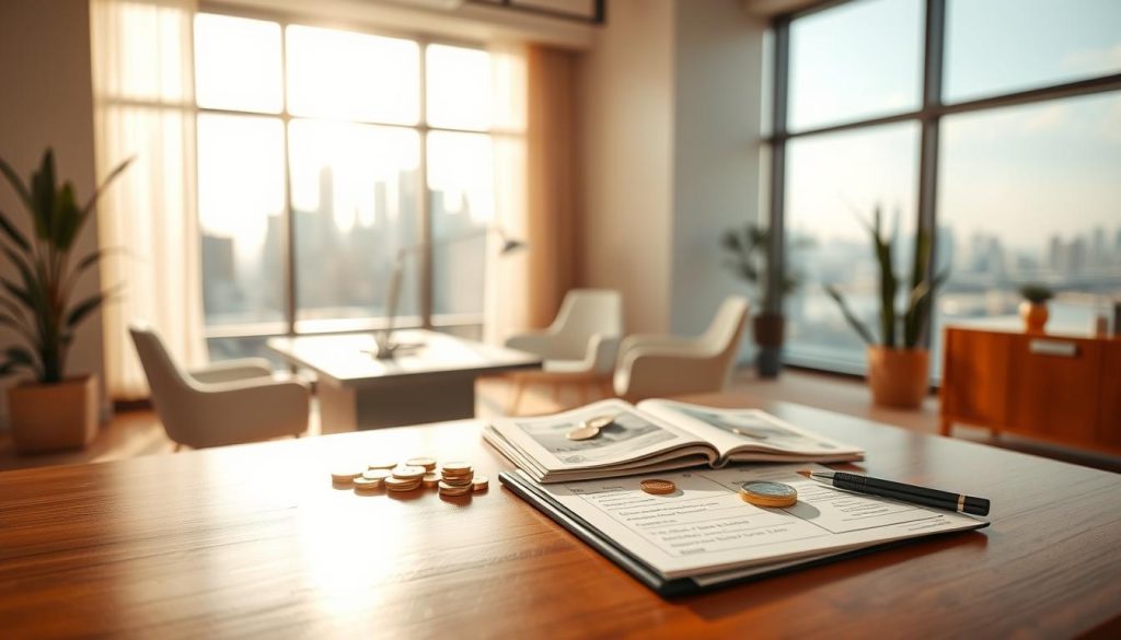 A serene, elegant investment strategy scene. In the foreground, a minimalist yet sophisticated investment portfolio, including a variety of financial instruments like stocks, bonds, and precious metals, neatly arranged on a polished wooden desk. The middle ground features a sleek, modern office setting with large windows, allowing natural light to filter in and create a warm, inviting atmosphere. In the background, a cityscape skyline can be seen, symbolizing the dynamic, ever-changing nature of the financial world. The overall mood is one of calculated confidence, with a focus on thoughtful, long-term planning and diversification. The lighting is soft and diffused, creating a sense of balance and tranquility. Shot with a wide-angle lens to capture the full breadth of the scene. A serene, elegant investment strategy scene. In the foreground, a minimalist yet sophisticated investment portfolio, including a variety of financial instruments like stocks, bonds, and precious metals, neatly arranged on a polished wooden desk. The middle ground features a sleek, modern office setting with large windows, allowing natural light to filter in and create a warm, inviting atmosphere. In the background, a cityscape skyline can be seen, symbolizing the dynamic, ever-changing nature of the financial world. The overall mood is one of calculated confidence, with a focus on thoughtful, long-term planning and diversification. The lighting is soft and diffused, creating a sense of balance and tranquility. Shot with a wide-angle lens to capture the full breadth of the scene.