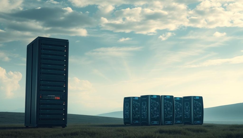A serene landscape with a vast, cloud-filled sky overhead. In the foreground, a towering server rack, its blinking lights and whirring fans suggesting the power of modern computing. In the middle ground, several sleek, futuristic-looking mining rigs, their screens displaying complex data visualizations. The background fades into a hazy, ethereal distance, hinting at the boundless potential of cloud-based computing and the decentralized nature of cryptocurrency mining. The scene is bathed in a soft, diffused light, creating a sense of tranquility and technological sophistication. The overall mood is one of contemplation and the promise of a future where remote, cloud-based mining offers a viable alternative to the physical constraints of mobile devices.