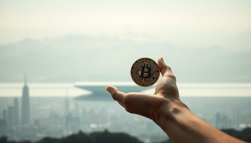A serene, minimalist landscape depicting the careful management of cryptocurrency risks. In the foreground, a human hand gently holds a single bitcoin, symbolizing the delicate balance of investment. The middle ground features a sleek, futuristic trading platform with clean lines and subdued colors, conveying a sense of control and security. In the background, a hazy cityscape blends seamlessly, suggesting the broader financial ecosystem. The lighting is soft and indirect, creating a calming atmosphere. The camera angle is slightly elevated, providing a bird's-eye view of the scene, emphasizing the comprehensive approach to risk minimization. The overall mood is one of confidence, prudence, and technological sophistication.