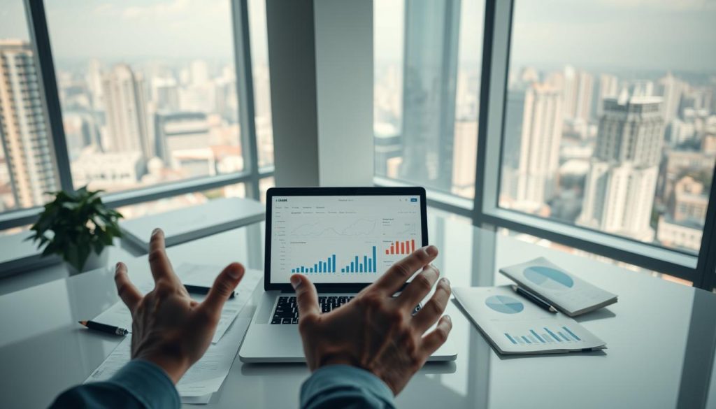A serene, modern office space with large windows overlooking a vibrant cityscape. On the desk, an open laptop displays a financial dashboard, surrounded by various investment documents and analytical charts. The lighting is soft and diffused, creating a contemplative atmosphere. In the foreground, a person's hands are gesturing towards the screen, conveying a sense of thoughtful deliberation. The overall scene suggests a thoughtful evaluation of investment opportunities in the current economic climate.