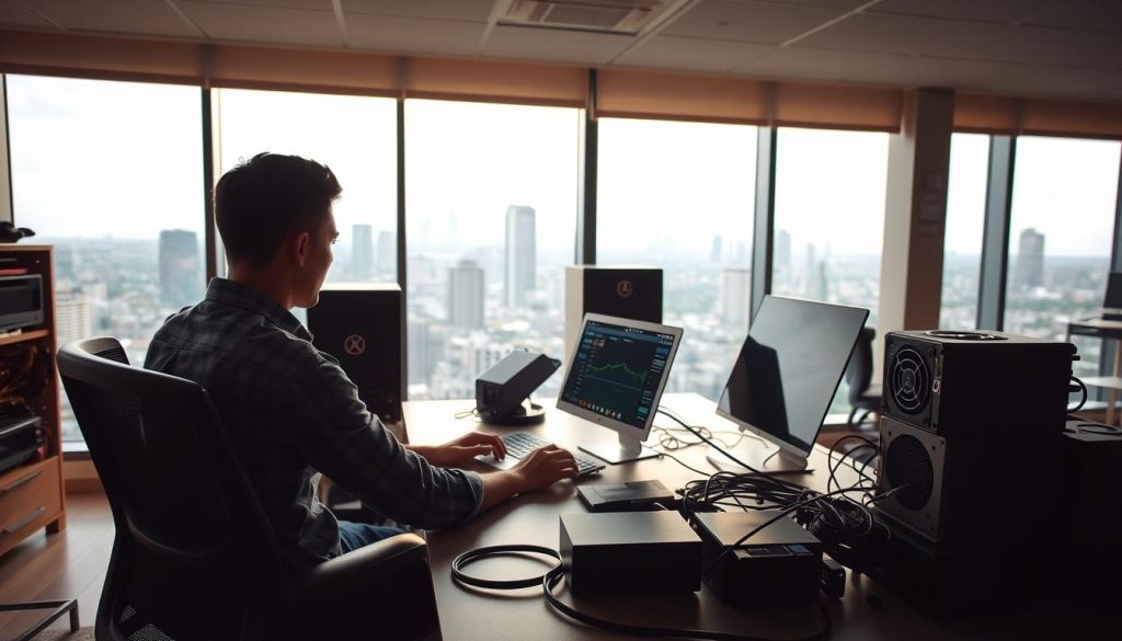 a serene office setting with a person seated at a desk, intently focused on a laptop screen, surrounded by various mining equipment and tools, including a hash rate calculator, a power supply, and a cooling fan. The lighting is warm and natural, emanating from large windows that allow for a panoramic view of a city skyline in the background. The overall atmosphere conveys a sense of diligence, security, and a commitment to responsible and sustainable mining practices.