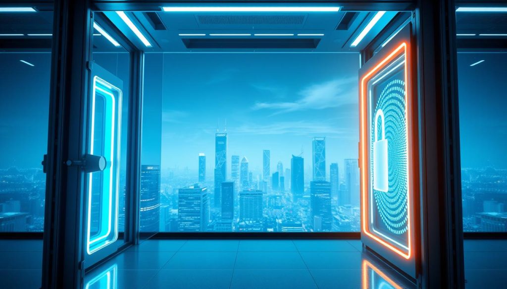 A sleek, high-tech digital asset security apparatus, encapsulating the essential pillars of cybersecurity - encryption, authentication, and access control. In the foreground, a futuristic biometric scanner gleams under cool, directional lighting, securing the entry point. The middle ground features a complex array of server racks and network cables, protected by a shimmering energy shield. In the background, a cityscape of skyscrapers and data centers stretches out, bathed in a serene, azure-tinted glow, evoking a sense of digital tranquility and well-guarded prosperity. The overall atmosphere exudes a commanding presence of digital fortification, instilling confidence in the safety and integrity of one's crypto investments.
