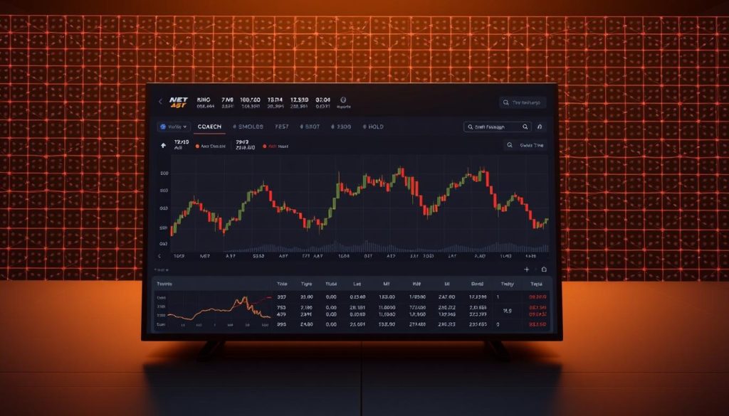 A sleek, modern cryptocurrency exchange interface with a minimalist design. In the foreground, a user-friendly dashboard showcases real-time trading data, order books, and asset performance. The middle ground features intuitive trading tools, order types, and portfolio management options. In the background, a subtle grid pattern suggests the complex underlying blockchain technology powering the exchange. Warm, muted lighting creates a sense of professionalism and security, while thoughtful composition and camera angles highlight the user experience. The overall atmosphere conveys a reliable, cutting-edge platform for seamless digital asset management.