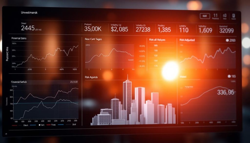 A sleek, modern financial dashboard displaying a comprehensive analysis of investment risks and returns. In the foreground, elegant line graphs and charts visualize key metrics such as potential gains, volatility, and risk-adjusted performance. The middle ground features a minimalist 3D model of a cityscape, symbolic of the investment landscape. The background is bathed in a warm, inviting glow, creating a sense of financial stability and confidence. The overall composition conveys a sophisticated, data-driven approach to navigating the complexities of investment decisions.