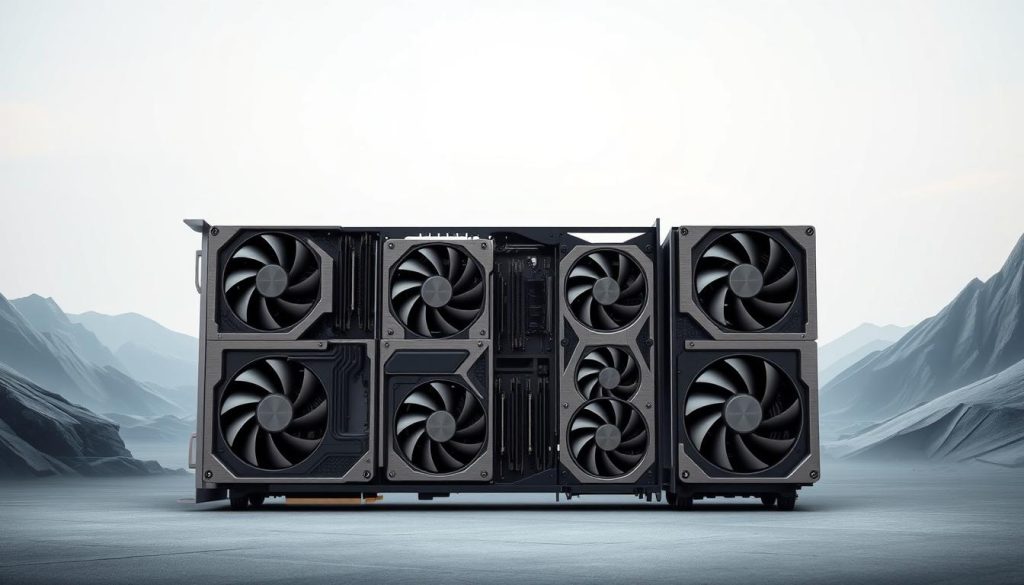 A sleek, modern mining rig against a backdrop of a futuristic, minimalist landscape. The rig is composed of multiple GPU rigs with clean lines and a brushed metal finish, arranged in a dynamic, asymmetrical layout. Soft, indirect lighting highlights the intricate components and creates a sense of depth and dimension. The background features a serene, tech-inspired environment with subtle gradients and geometric patterns, conveying a sense of innovation and efficiency. The overall mood is one of sophistication, innovation, and the power of advanced computing technology.