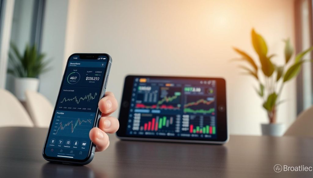 A sophisticated mobile investment app interface, showcasing real-time charts, portfolio management tools, and slick user experience. The foreground features a stylish smartphone displaying detailed financial data, with intuitive gestures and controls. The middle ground includes a tablet device displaying a comprehensive investment dashboard. The background depicts a modern, minimalist office setting with clean lines, natural lighting, and subtle branding elements. The overall aesthetic conveys a sense of accessible, cutting-edge investment solutions for the discerning, tech-savvy investor. A sophisticated mobile investment app interface, showcasing real-time charts, portfolio management tools, and slick user experience. The foreground features a stylish smartphone displaying detailed financial data, with intuitive gestures and controls. The middle ground includes a tablet device displaying a comprehensive investment dashboard. The background depicts a modern, minimalist office setting with clean lines, natural lighting, and subtle branding elements. The overall aesthetic conveys a sense of accessible, cutting-edge investment solutions for the discerning, tech-savvy investor.