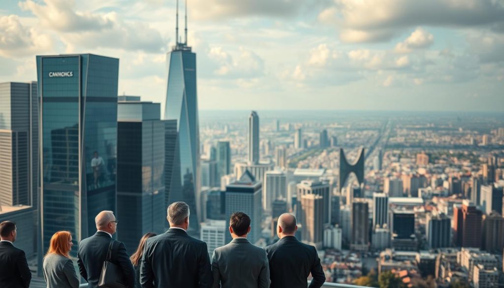 A sprawling cityscape with towering skyscrapers and modern high-rise buildings, reflecting the vibrant energy of a thriving real estate investment trust (REIT) market. In the foreground, a group of well-suited professionals gather, engaged in animated discussion, representing the investment opportunities and potential yields of this dynamic sector. The middle ground features sleek, contemporary office buildings, their glass facades gleaming in the warm, directional lighting. In the background, a panoramic view of the urban landscape, showcasing the diverse property assets that comprise a robust REIT portfolio. An atmosphere of prosperity, innovation, and strategic investment permeates the scene, capturing the essence of the "Инвестиционные фонды недвижимости (REIT) и их возможности" section. A sprawling cityscape with towering skyscrapers and modern high-rise buildings, reflecting the vibrant energy of a thriving real estate investment trust (REIT) market. In the foreground, a group of well-suited professionals gather, engaged in animated discussion, representing the investment opportunities and potential yields of this dynamic sector. The middle ground features sleek, contemporary office buildings, their glass facades gleaming in the warm, directional lighting. In the background, a panoramic view of the urban landscape, showcasing the diverse property assets that comprise a robust REIT portfolio. An atmosphere of prosperity, innovation, and strategic investment permeates the scene, capturing the essence of the "Инвестиционные фонды недвижимости (REIT) и их возможности" section.