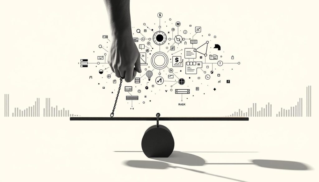 A stark, clean-lined scene depicting the concept of "credit leverage" or "кредитное плечо". In the foreground, two hands grip a weighted seesaw, representing the balance of risk and reward. The middle ground features a complex network of financial symbols and graphs, conveying the technical aspects of leveraged trading. The background is minimalist, with a sense of depth and perspective, evoking the vast, interconnected world of global finance. The lighting is crisp and directional, casting long shadows and emphasizing the geometric forms. The overall mood is one of precision, power, and underlying tension - a visual metaphor for the delicate nature of leveraged investments. A stark, clean-lined scene depicting the concept of "credit leverage" or "кредитное плечо". In the foreground, two hands grip a weighted seesaw, representing the balance of risk and reward. The middle ground features a complex network of financial symbols and graphs, conveying the technical aspects of leveraged trading. The background is minimalist, with a sense of depth and perspective, evoking the vast, interconnected world of global finance. The lighting is crisp and directional, casting long shadows and emphasizing the geometric forms. The overall mood is one of precision, power, and underlying tension - a visual metaphor for the delicate nature of leveraged investments.