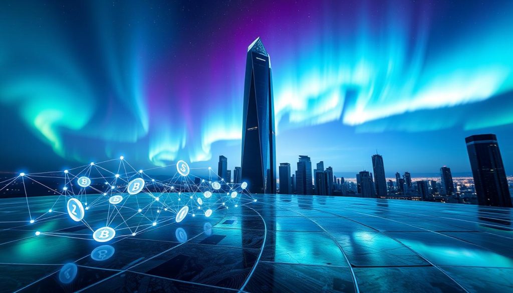 A striking digital landscape showcasing the investment potential of digital assets. In the foreground, a network of sleek, holographic cryptocurrency icons float above a gleaming, chrome-plated surface. The middle ground features a towering, futuristic skyscraper, its reflective facade mirroring the surrounding cityscape. In the background, a vibrant aurora borealis paints the sky with shimmering hues of blue, green, and purple, creating an ethereal, otherworldly atmosphere. The scene is illuminated by a soft, diffused lighting, lending a sense of depth and dimension. Captured with a wide-angle lens, the composition emphasizes the grandeur and dynamism of the digital asset investment landscape. A striking digital landscape showcasing the investment potential of digital assets. In the foreground, a network of sleek, holographic cryptocurrency icons float above a gleaming, chrome-plated surface. The middle ground features a towering, futuristic skyscraper, its reflective facade mirroring the surrounding cityscape. In the background, a vibrant aurora borealis paints the sky with shimmering hues of blue, green, and purple, creating an ethereal, otherworldly atmosphere. The scene is illuminated by a soft, diffused lighting, lending a sense of depth and dimension. Captured with a wide-angle lens, the composition emphasizes the grandeur and dynamism of the digital asset investment landscape.
