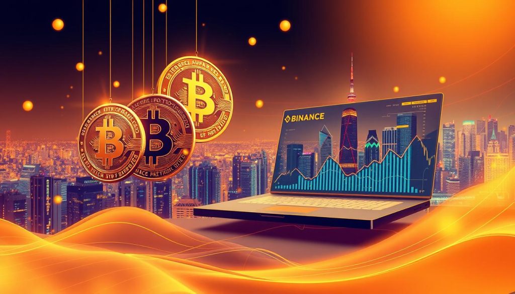A stunning digital illustration depicting the world of cryptocurrencies and stablecoins on the Binance exchange. In the foreground, a captivating trio of digital currency symbols float effortlessly, their intricate designs glimmering with a subtle metallic sheen. The middle ground showcases a sleek, futuristic Binance platform interface, its clean lines and intuitive layout creating a sense of technological elegance. In the distant background, a vibrant cityscape unfurls, its skyscrapers and neon lights hinting at the global reach and significance of the crypto ecosystem. The overall scene is bathed in a warm, amber-hued lighting, evoking a sense of stability and reliability amidst the dynamic digital landscape. The composition is balanced, the colors harmonious, and the attention to detail exceptional, creating a visually striking and immersive representation of the "Cryptocurrencies and Stablecoins on Binance" section.