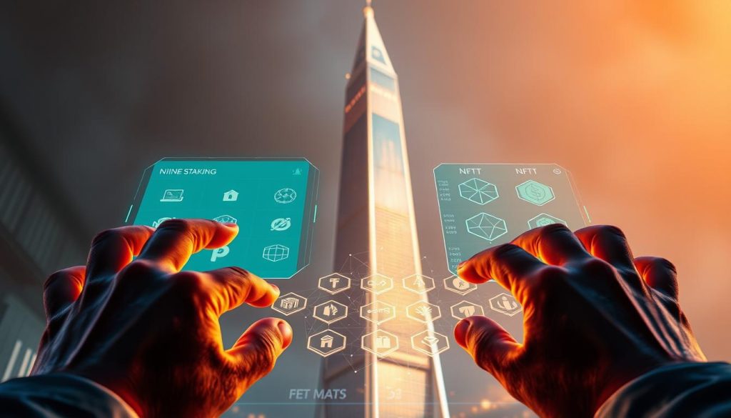 A stunningly detailed, futuristic illustration of the staking process for NFT cryptocurrencies. In the foreground, a user's hands interacting with a sleek, holographic interface, navigating through various staking options and monitoring their NFT portfolio. The middle ground features an array of glowing, geometric NFT icons, each representing a unique digital asset. In the background, a towering, gleaming skyscraper symbolic of the cutting-edge blockchain technology powering this innovative financial ecosystem. Soft, diffused lighting casts a warm, enigmatic glow across the entire scene, conveying a sense of technological advancement and financial empowerment. Captured through the lens of a high-resolution, cinematic camera, the image exudes a futuristic, immersive atmosphere befitting the subject of crypto staking.