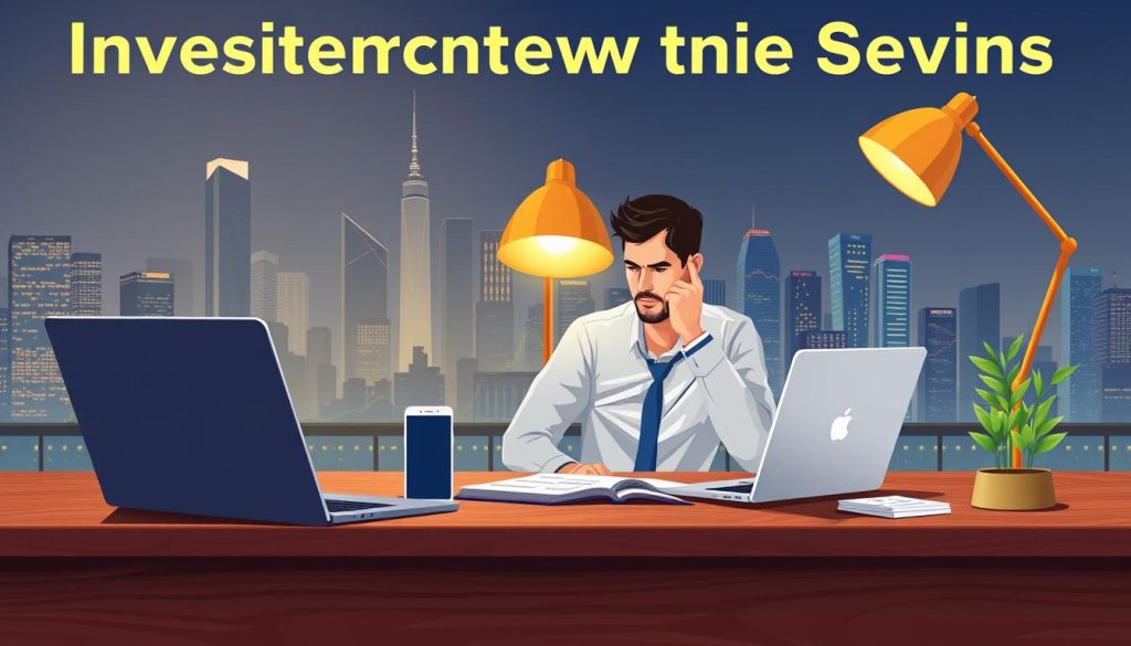 A stylish and professional-looking illustration of investment advice for Bitcoin traders. A solid wooden desk with a laptop, smartphone, and financial graphs in the foreground. In the middle ground, a thoughtful investor studying the markets, with a warm desk lamp illuminating the scene. The background features a city skyline with towering skyscrapers, suggesting the global scale of the cryptocurrency industry. The lighting is soft and flattering, creating a sense of authority and expertise. The overall composition conveys a mood of careful analysis, strategic decision-making, and financial success.