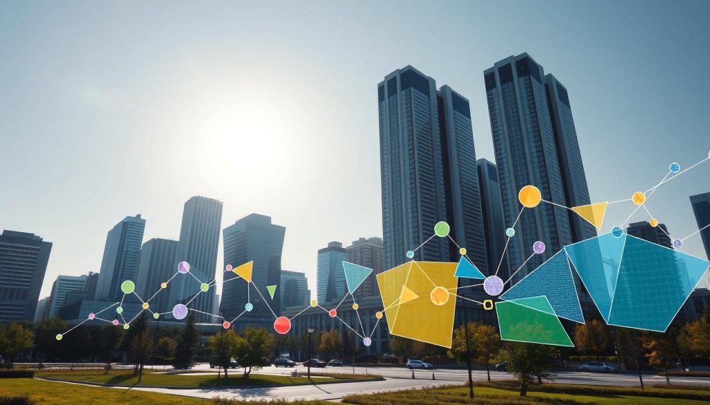 A sunlit financial district, with sleek high-rise buildings in the background. In the foreground, distinct market sectors are represented by dynamic geometric shapes, each with its own color and texture - stocks, bonds, commodities, currencies, and more. The shapes shift and intertwine, symbolizing the complex interactions between different financial markets. A sense of movement and energy pervades the scene, conveying the ever-changing nature of the Ukrainian financial landscape. Soft, diffused lighting casts long shadows, creating depth and dimensionality. The overall impression is one of sophistication, innovation, and the interconnectedness of the various segments that make up the Ukrainian financial market.