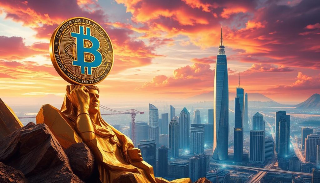 A surreal digital illustration depicting the meteoric rise of Bitcoin overtaking the venerable gold as the preferred store of value by 2025. In the foreground, a towering digital representation of Bitcoin soars above a crumbling golden statue, its faceted surfaces gleaming with an otherworldly luminance. The middle ground features a vibrant, futuristic cityscape, its skyscrapers and infrastructure covered in a latticework of blockchain-inspired geometric patterns. In the distant background, a dramatic sky awash in vivid hues of orange and purple, hinting at the transformative power of cryptocurrency. The overall composition conveys a sense of technological progress, disruption, and the inevitable ascendance of digital assets in the global financial landscape.