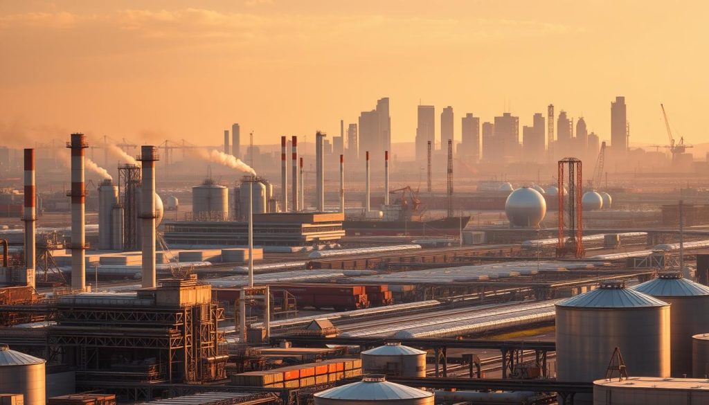 A sweeping industrial cityscape bathed in a warm, golden light. In the foreground, a cluster of sleek, modern industrial facilities - steel-framed factories, towering smokestacks, and gleaming metal storage tanks. The middle ground features a bustling transportation hub, with trains, cargo ships, and cranes moving goods and materials. In the background, the skyline is dotted with the distinctive logos and signage of leading global industrial and energy companies, including Bloomberg. The scene conveys a sense of productivity, innovation, and the power of industry, reflecting the expertise and insights of Bloomberg's analysts.