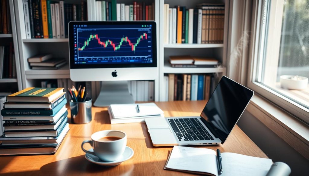 A tranquil study nook filled with the tools of the investing trade - a wooden desk with a sleek laptop, a stack of finance books, and a mug of steaming coffee. Soft lighting filters in through a window, illuminating a digital chart on the screen displaying colorful stock market data. In the background, a bookshelf showcases a well-curated collection of investment guides and analytical resources. The atmosphere conveys a sense of focused learning, with an invitation to delve into the world of smart money management. A tranquil study nook filled with the tools of the investing trade - a wooden desk with a sleek laptop, a stack of finance books, and a mug of steaming coffee. Soft lighting filters in through a window, illuminating a digital chart on the screen displaying colorful stock market data. In the background, a bookshelf showcases a well-curated collection of investment guides and analytical resources. The atmosphere conveys a sense of focused learning, with an invitation to delve into the world of smart money management.