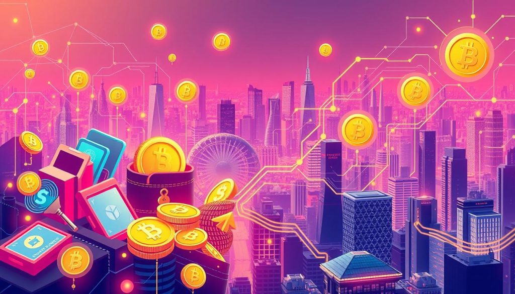 A vibrant and dynamic illustration of the advantages of digital currencies. The foreground features a collection of digital wallets, cryptocurrencies, and blockchain nodes, all glowing with a warm, futuristic light. The middle ground showcases a diverse array of financial transactions, secure data transfers, and seamless international payments, highlighted by clean lines and a sleek, minimalist aesthetic. The background gradually fades into a cityscape of skyscrapers and technological infrastructure, symbolizing the global, decentralized nature of digital finance. The overall tone is one of innovation, efficiency, and the empowerment of individuals in the digital economy. A vibrant and dynamic illustration of the advantages of digital currencies. The foreground features a collection of digital wallets, cryptocurrencies, and blockchain nodes, all glowing with a warm, futuristic light. The middle ground showcases a diverse array of financial transactions, secure data transfers, and seamless international payments, highlighted by clean lines and a sleek, minimalist aesthetic. The background gradually fades into a cityscape of skyscrapers and technological infrastructure, symbolizing the global, decentralized nature of digital finance. The overall tone is one of innovation, efficiency, and the empowerment of individuals in the digital economy.