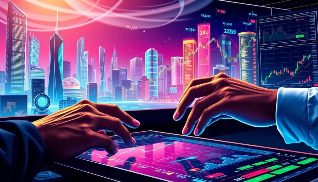 A vibrant, detailed illustration showcasing the key strategies for cryptocurrency trading. In the foreground, a trader's hands make decisive moves on a sleek, high-resolution interface, with various charts, graphs, and analytics tools prominently displayed. In the middle ground, a 3D representation of the cryptocurrency market, with fluctuating price lines and dynamic data visualizations. The background depicts a futuristic cityscape, with skyscrapers, holograms, and a luminous, neon-tinged atmosphere, conveying the cutting-edge, technology-driven nature of the crypto trading landscape. Lighting is dramatic, with deep shadows and sharp highlights, creating a sense of intensity and focused determination. The overall mood is one of expertise, innovation, and the thrill of navigating the volatile world of digital assets. A vibrant, detailed illustration showcasing the key strategies for cryptocurrency trading. In the foreground, a trader's hands make decisive moves on a sleek, high-resolution interface, with various charts, graphs, and analytics tools prominently displayed. In the middle ground, a 3D representation of the cryptocurrency market, with fluctuating price lines and dynamic data visualizations. The background depicts a futuristic cityscape, with skyscrapers, holograms, and a luminous, neon-tinged atmosphere, conveying the cutting-edge, technology-driven nature of the crypto trading landscape. Lighting is dramatic, with deep shadows and sharp highlights, creating a sense of intensity and focused determination. The overall mood is one of expertise, innovation, and the thrill of navigating the volatile world of digital assets.