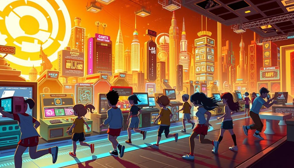 A vibrant digital landscape, a futuristic take on classic gaming. In the foreground, a group of animated characters engaged in a captivating play-to-earn experience, their movements fluid and dynamic. The middle ground showcases a diverse array of retro-inspired game elements, from pixel-art graphics to retro-futuristic interfaces. In the background, a technological cityscape pulses with neon lights and holographic displays, hinting at the intersection of gaming, finance, and blockchain technology. The scene is bathed in a warm, golden glow, creating a sense of energy and optimism. Cinematic camera angles and a sense of depth and scale ensure the image is visually striking and engaging. A vibrant digital landscape, a futuristic take on classic gaming. In the foreground, a group of animated characters engaged in a captivating play-to-earn experience, their movements fluid and dynamic. The middle ground showcases a diverse array of retro-inspired game elements, from pixel-art graphics to retro-futuristic interfaces. In the background, a technological cityscape pulses with neon lights and holographic displays, hinting at the intersection of gaming, finance, and blockchain technology. The scene is bathed in a warm, golden glow, creating a sense of energy and optimism. Cinematic camera angles and a sense of depth and scale ensure the image is visually striking and engaging.