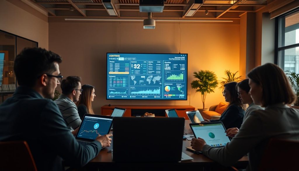 A vibrant online investment meeting, captured in a dynamic scene. In the foreground, a group of investors engaged in lively discussions, their faces illuminated by the glow of laptop screens. The middle ground features a virtual presentation, projected onto a large screen, showcasing key financial data and market insights. In the background, a warm, modern office setting with sleek furniture and large windows, suggesting a collaborative and professional atmosphere. The lighting is soft and natural, creating a sense of energy and focus. The camera angle is slightly elevated, providing a bird's-eye view of the scene, conveying a sense of authority and oversight. Overall, the image should evoke a sense of productive, interactive learning and informed decision-making. A vibrant online investment meeting, captured in a dynamic scene. In the foreground, a group of investors engaged in lively discussions, their faces illuminated by the glow of laptop screens. The middle ground features a virtual presentation, projected onto a large screen, showcasing key financial data and market insights. In the background, a warm, modern office setting with sleek furniture and large windows, suggesting a collaborative and professional atmosphere. The lighting is soft and natural, creating a sense of energy and focus. The camera angle is slightly elevated, providing a bird's-eye view of the scene, conveying a sense of authority and oversight. Overall, the image should evoke a sense of productive, interactive learning and informed decision-making.