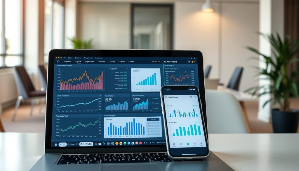 A well-designed investment platform, featuring a sleek and intuitive user interface. The foreground showcases a laptop displaying various financial charts and analytics, conveying the comprehensive data-driven decision-making tools available. In the middle ground, a mobile device is prominently displayed, emphasizing the platform's responsive and accessible mobile experience. The background depicts a serene office setting, with clean lines, neutral tones, and warm lighting, creating a professional and trustworthy atmosphere. The overall scene should inspire confidence, reliability, and the empowerment of Ukrainian investors to make informed decisions in the online investment landscape.