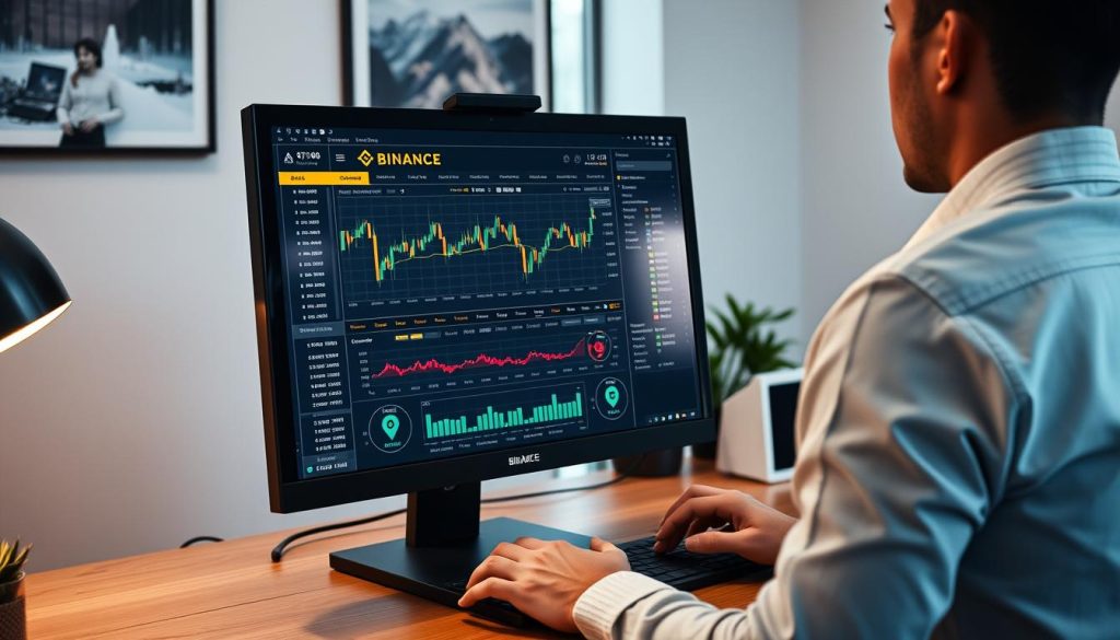 Человек работает за компьютером с открытой платформой Binance, анализируя графики криптовалют