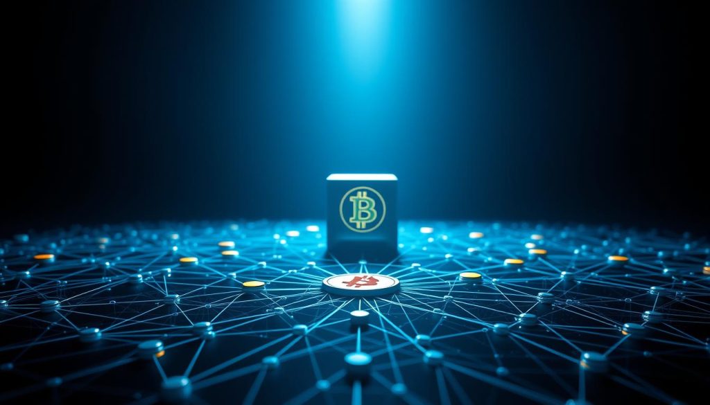 Detailed bitcoin transaction diagram depicting a secure blockchain network. Foreground shows a complex web of interconnected nodes and digital wallets, highlighting the cryptographic nature of bitcoin transfers. Middle ground features a central server or exchange, conveying the decentralized architecture. Background showcases a subtle grid pattern representing the distributed ledger. Illuminated in a cool, futuristic color palette with dramatic chiaroscuro lighting, emphasizing the technological sophistication of the bitcoin protocol. Rendered with a photorealistic, high-fidelity aesthetic to convey the technical precision of the cryptocurrency system. Detailed bitcoin transaction diagram depicting a secure blockchain network. Foreground shows a complex web of interconnected nodes and digital wallets, highlighting the cryptographic nature of bitcoin transfers. Middle ground features a central server or exchange, conveying the decentralized architecture. Background showcases a subtle grid pattern representing the distributed ledger. Illuminated in a cool, futuristic color palette with dramatic chiaroscuro lighting, emphasizing the technological sophistication of the bitcoin protocol. Rendered with a photorealistic, high-fidelity aesthetic to convey the technical precision of the cryptocurrency system.