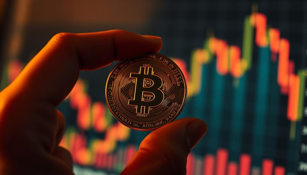 Detailed closeup of a hand holding a cryptocurrency coin against a blurred financial chart background. The coin has a crisp metallic sheen and is backlit to create a sense of depth and texture. The financial chart in the background is out of focus, conveying the risks and uncertainty of cryptocurrency investment. Warm, moody lighting creates a contemplative atmosphere, highlighting the hand's gesture as if weighing the decision to invest. The composition is balanced and the focus is sharp on the coin, drawing the viewer's attention to the core subject matter. Detailed closeup of a hand holding a cryptocurrency coin against a blurred financial chart background. The coin has a crisp metallic sheen and is backlit to create a sense of depth and texture. The financial chart in the background is out of focus, conveying the risks and uncertainty of cryptocurrency investment. Warm, moody lighting creates a contemplative atmosphere, highlighting the hand's gesture as if weighing the decision to invest. The composition is balanced and the focus is sharp on the coin, drawing the viewer's attention to the core subject matter.