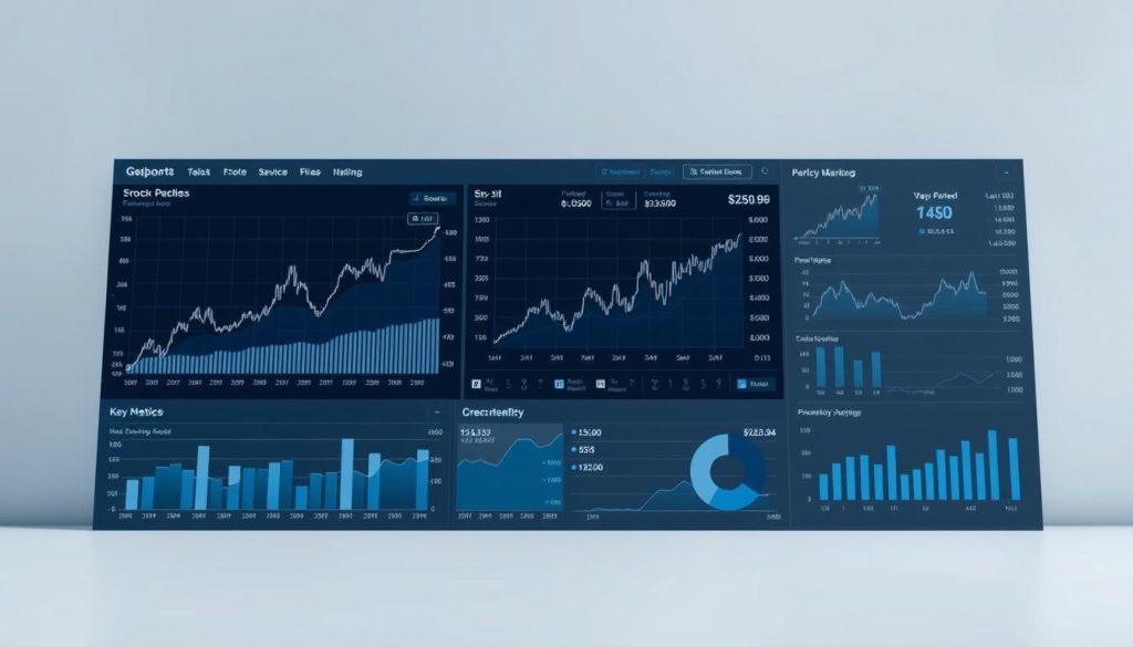 Detailed financial analysis of stock market data, presented in a clean, professional manner. A dashboard-style layout with charts, graphs, and key metrics prominently displayed. Muted color palette of blues and grays, conveying an aura of authority and expertise. A subtle hint of digital technology, with clean lines and minimalist design elements. The overall scene should evoke a sense of in-depth market research and informed investment strategies.