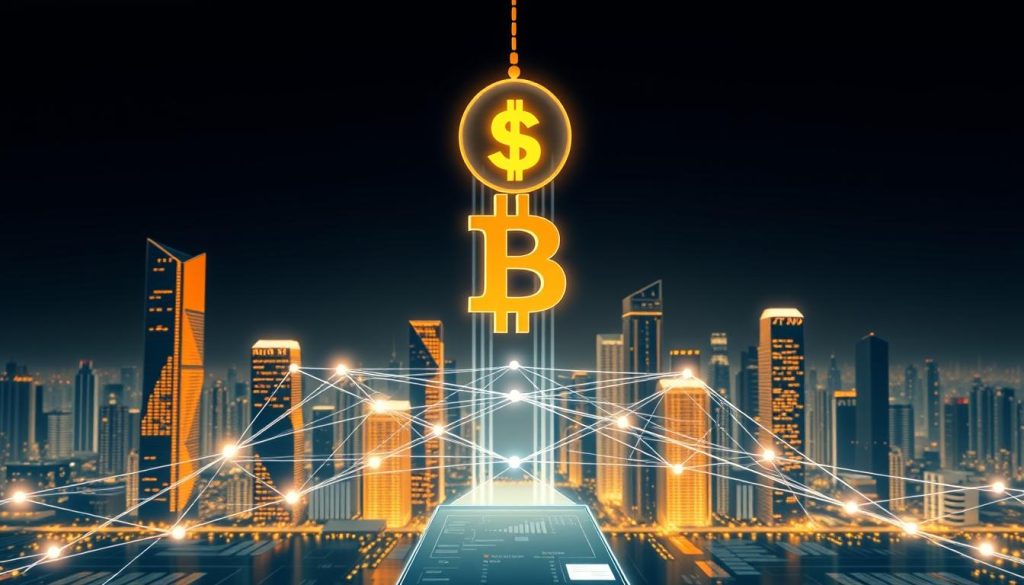 Detailed illustration of the differences between blockchain technology and cryptocurrencies. A central, futuristic cityscape with towering skyscrapers, illuminated by warm, golden lighting, serves as the backdrop. In the foreground, a transparent, three-dimensional blockchain network structure intertwines with a floating, holographic cryptocurrency symbol, creating a visual juxtaposition. The middle ground features sleek, minimalist data visualizations and infographic elements, highlighting the technical aspects and mechanics of these interconnected digital systems. The overall composition conveys a sense of advanced, innovative technology, balanced by a clean, elegant aesthetic.