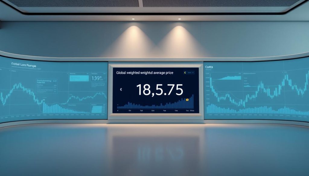 Detailed visualization of the "global weighted average price" for cryptocurrencies. A sleek, minimalist interface with clean lines and a muted color palette. Centered on a large digital display showing the current global weighted average price, with subtle data visualizations in the background to convey market context. Illuminated by soft, directional lighting to create depth and highlight the key information. Captured from a slightly elevated, frontal angle to create an authoritative, informative composition. Conveys a sense of modern, data-driven financial analysis relevant to the "Методика расчёта криптовалюта курс" section. Detailed visualization of the "global weighted average price" for cryptocurrencies. A sleek, minimalist interface with clean lines and a muted color palette. Centered on a large digital display showing the current global weighted average price, with subtle data visualizations in the background to convey market context. Illuminated by soft, directional lighting to create depth and highlight the key information. Captured from a slightly elevated, frontal angle to create an authoritative, informative composition. Conveys a sense of modern, data-driven financial analysis relevant to the "Методика расчёта криптовалюта курс" section.