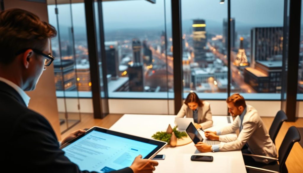 Digital technologies at the center of real estate transactions. A modern office space with sleek, minimalist design. In the foreground, a businessperson reviews documents on a large, high-resolution touchscreen display, seamlessly integrating digital workflows. The middle ground features a team collaborating around a conference table, using tablets and laptops to access property data and analytics. The background showcases a cityscape visible through floor-to-ceiling windows, reflecting the interconnectedness of the digital and physical realms of the real estate industry. Warm, ambient lighting creates a professional yet inviting atmosphere, highlighting the role of cutting-edge technology in driving innovation and efficiency in the property market. Digital technologies at the center of real estate transactions. A modern office space with sleek, minimalist design. In the foreground, a businessperson reviews documents on a large, high-resolution touchscreen display, seamlessly integrating digital workflows. The middle ground features a team collaborating around a conference table, using tablets and laptops to access property data and analytics. The background showcases a cityscape visible through floor-to-ceiling windows, reflecting the interconnectedness of the digital and physical realms of the real estate industry. Warm, ambient lighting creates a professional yet inviting atmosphere, highlighting the role of cutting-edge technology in driving innovation and efficiency in the property market.