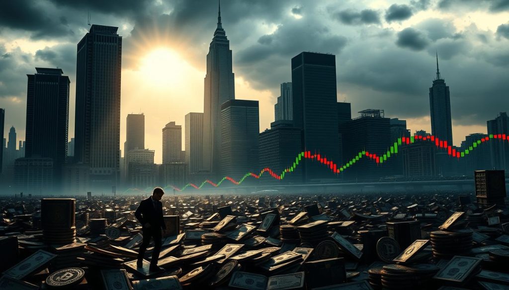 Dramatic lighting illuminates a cityscape of towering skyscrapers, casting long shadows across a turbulent financial landscape. In the foreground, a lone figure cautiously navigates a maze of cryptocurrencies and digital wallets, representing the risks and uncertainties of crypto investing. The middle ground features a jumble of volatile charts, flashing red and green signals, symbolizing the volatility and unpredictability inherent in the crypto market. The background depicts a cloudy, ominous sky, hinting at the potential for sudden storms and market crashes that can threaten even the most seasoned investors. The overall atmosphere conveys a sense of tension, risk, and the need for vigilance when navigating the complex world of cryptocurrency investment.