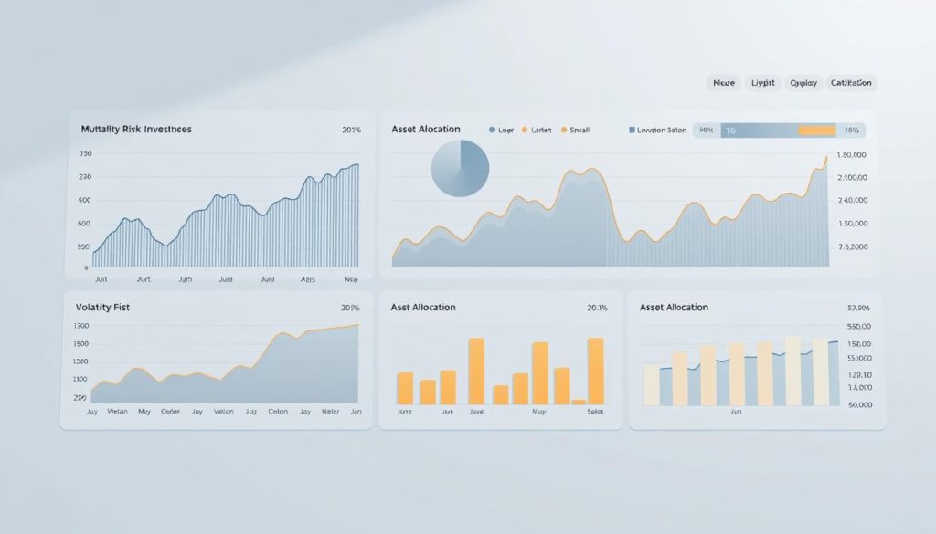 Elegant visualization of investment portfolio risk assessment. Sleek, clean-lined dashboard display with key metrics: volatility, liquidity, asset allocation. Graphs and charts in muted tones of blue, gray, and amber convey complex financial data accessibly. Sophisticated, minimalist style reflects the careful, analytical nature of effective portfolio management. Camera angle slightly elevated, creating sense of control and oversight. Soft, directional lighting casts subtle shadows, adding depth and dimension. Overall, a visually compelling, data-driven representation of the process of constructing an optimal investment portfolio. Elegant visualization of investment portfolio risk assessment. Sleek, clean-lined dashboard display with key metrics: volatility, liquidity, asset allocation. Graphs and charts in muted tones of blue, gray, and amber convey complex financial data accessibly. Sophisticated, minimalist style reflects the careful, analytical nature of effective portfolio management. Camera angle slightly elevated, creating sense of control and oversight. Soft, directional lighting casts subtle shadows, adding depth and dimension. Overall, a visually compelling, data-driven representation of the process of constructing an optimal investment portfolio.
