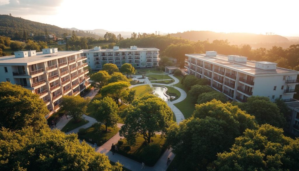 Expansive apartment complex nestled amidst a lush, verdant landscape. Sleek, modern architecture with clean lines and large windows that flood the interiors with natural light. Manicured gardens and a central courtyard with a tranquil water feature. Residents strolling along the tree-lined pathways, enjoying the peaceful atmosphere. Warm, golden sunlight filters through the foliage, casting a serene glow over the scene. Aerial view captures the scale and integration of the residential units with the surrounding natural environment. Conveys a sense of luxurious, yet sustainable living in harmony with the land.