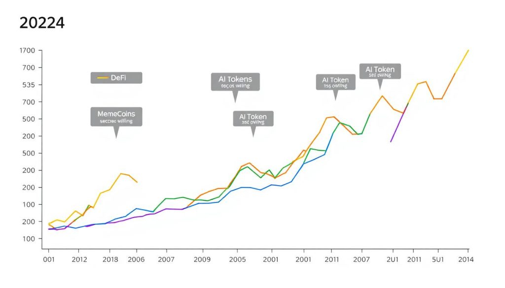 График роста рынка DeFi, AI-токенов и мемкоинов в 2024 году