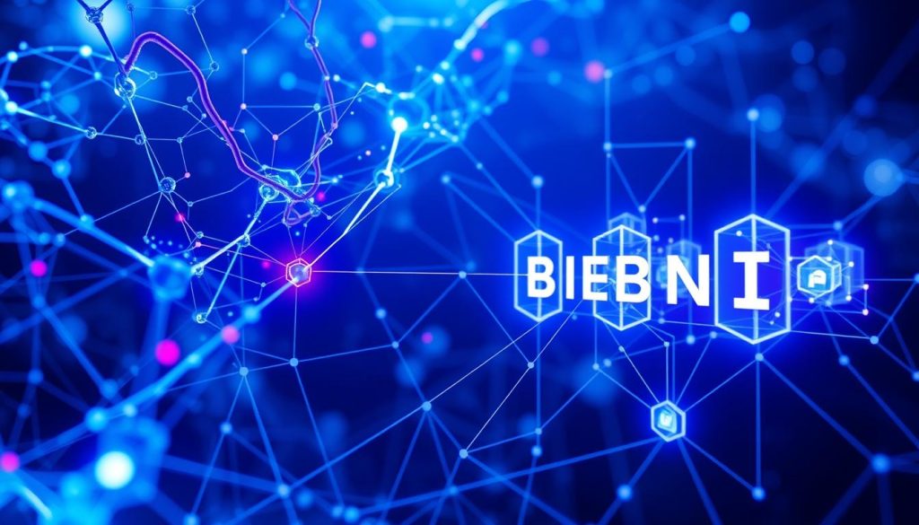 Визуализация интеграции искусственного интеллекта с блокчейн-технологиями для новых AI-токенов