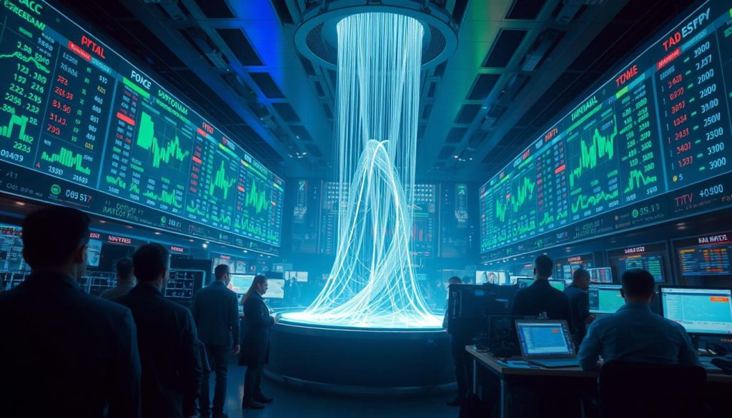 A bustling crypto exchange floor, with traders intently monitoring digital asset prices on holographic displays. The air is charged with the hum of high-frequency trading algorithms, as orders are executed with lightning speed. In the center, a towering visualization of market liquidity, represented by cascading streams of data, ebbing and flowing like a digital river. The lighting is a mix of cool blues and vibrant greens, casting an ethereal glow over the scene. The perspective is slightly elevated, allowing the viewer to take in the scale and complexity of the crypto liquidity landscape. Subtle details, such as the concentration of order flow around key trading pairs, add depth and realism to the image.
