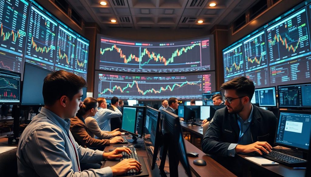 A bustling cryptocurrency trading floor in the year 2025. In the foreground, traders intently monitor multiple screens, their hands darting across keyboards as they execute complex trading strategies. The middle ground features a large, curved display board showcasing real-time crypto market data, with candlestick charts and other financial visualizations. In the background, the room is bathed in a warm, ambient light, creating a sense of technological sophistication and professional dynamism. The overall scene conveys the high-stakes, fast-paced nature of modern cryptocurrency trading, where split-second decisions can make or break fortunes.