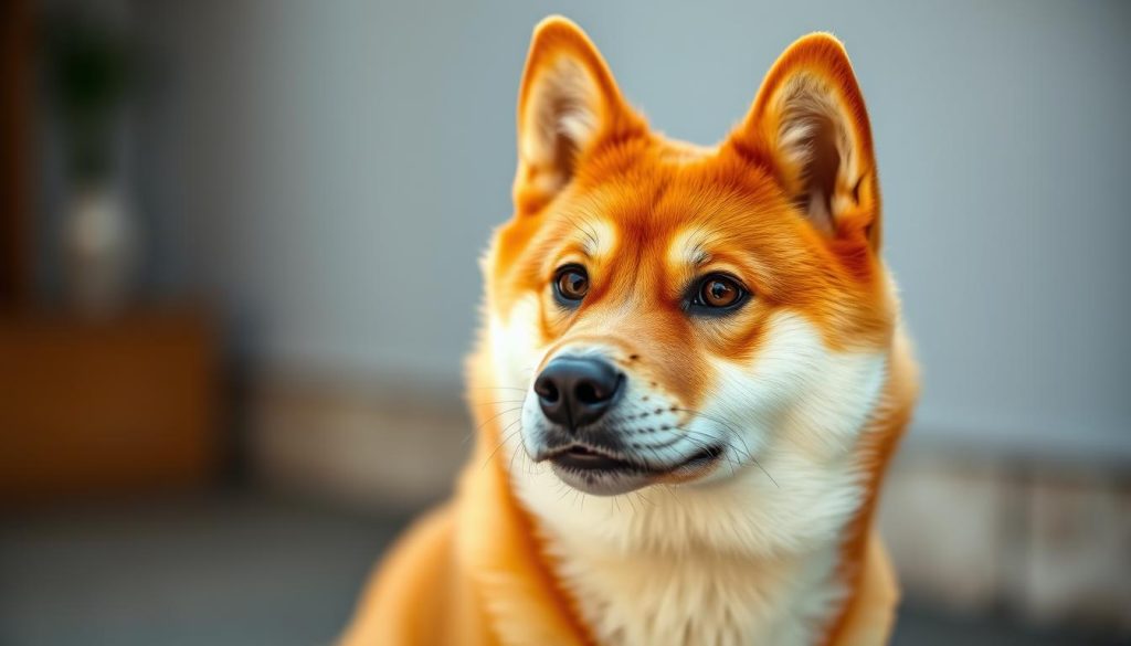 A close-up photograph of a Shiba Inu dog, shot with a 50mm lens in natural lighting. The Shiba Inu is sitting upright, with its alert and inquisitive expression capturing the viewer's attention. The dog's vibrant orange and white fur is meticulously detailed, and the image is framed to emphasize the Shiba Inu's expressive eyes and pointed ears. The background is softly blurred, creating a sense of depth and focus on the dog. The overall mood is one of warmth, curiosity, and the endearing charm that Shiba Inu dogs are known for.