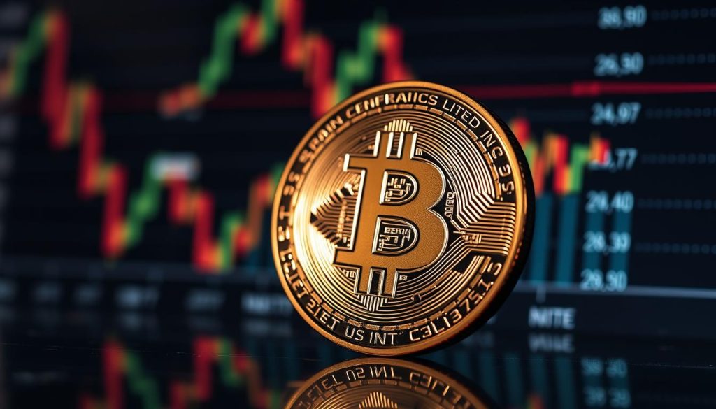 A close-up view of a physical Bitcoin cryptocurrency coin set against a blurred background of stock market charts and financial data. The coin is illuminated by soft, directional lighting, casting subtle shadows and highlighting the intricate details of the Bitcoin symbol and its metallic surface. The overall mood is one of contemplation and analysis, reflecting the subject of the article's section on the macroeconomic factors influencing Bitcoin.
