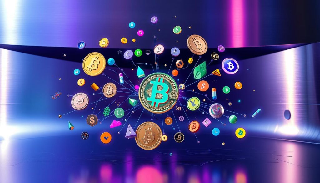A colorful, dynamic visualization of cryptocurrencies, showcasing their technological complexity and financial potential. Set against a backdrop of sleek, metallic surfaces, various cryptocurrency symbols and icons float and intertwine, suggesting the interconnected nature of the crypto ecosystem. Vibrant hues of blue, green, and purple create an energetic, futuristic atmosphere, while subtle lighting effects cast dramatic shadows, adding depth and dimension to the scene. The overall composition conveys the sophistication, innovation, and growth inherent in the world of digital assets.