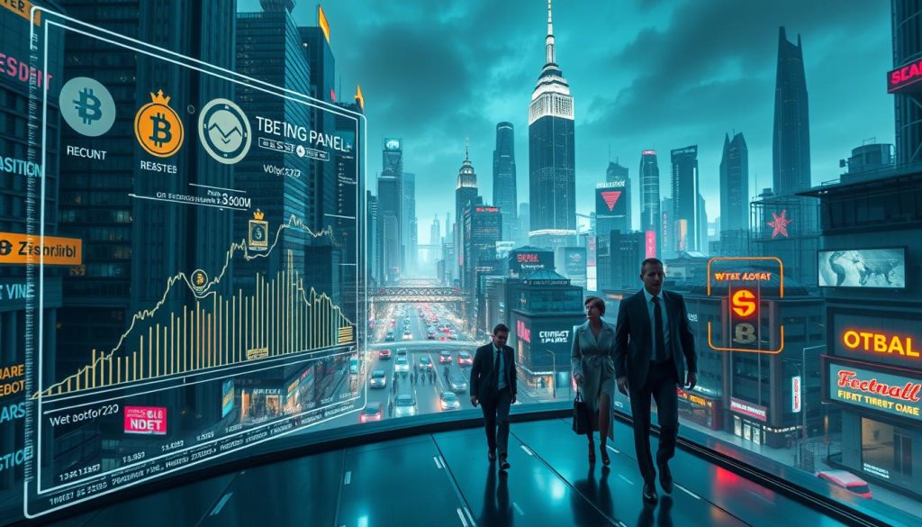 A complex cyberpunk cityscape of towering skyscrapers and neon-lit streets, with a foreground focus on a holographic display showing various cryptocurrency symbols and graphs. In the middle ground, figures in business attire move hurriedly through the urban landscape, while in the background, a futuristic financial district with gleaming towers and advanced infrastructure symbolizes the growing influence of digital assets. The scene has a sense of dynamism and technological advancement, but also an underlying tone of uncertainty and risk, reflecting the challenges and volatility of the cryptocurrency market.