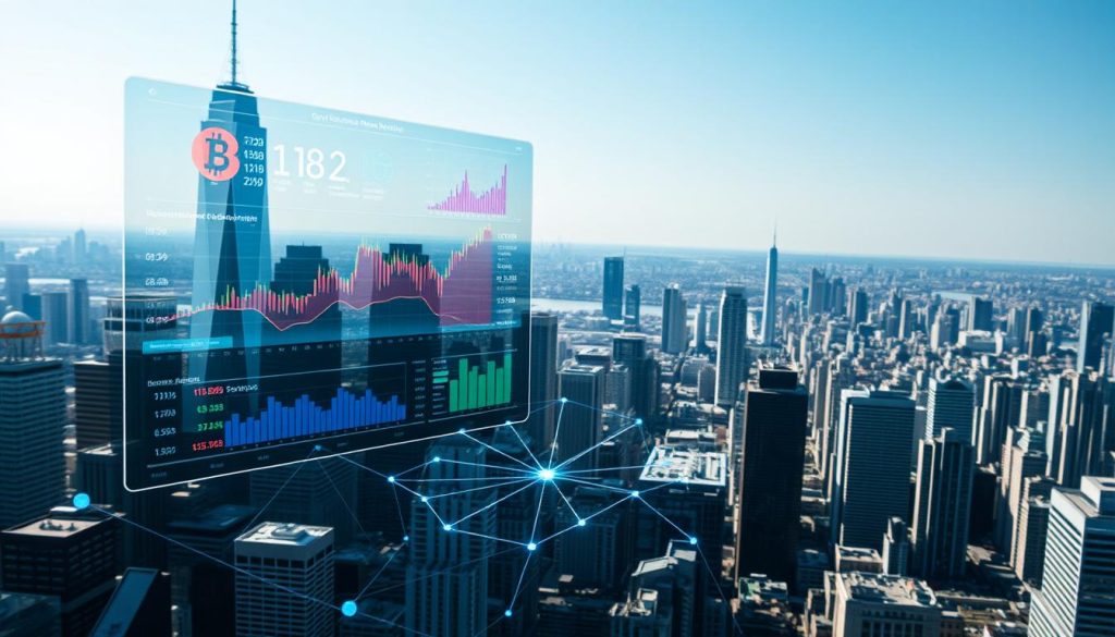 A detailed and dynamic analysis of the cryptocurrency market, captured through a striking visual representation. In the foreground, a holographic display showcases key market trends and insights, with colorful data visualizations and graphs floating in a sleek, futuristic interface. The middle ground features a network of interconnected nodes, representing the complex web of cryptocurrencies, exchanges, and blockchain technologies. In the background, a panoramic view of a bustling financial district, with towering skyscrapers and a vibrant cityscape, symbolizing the global scale and impact of the cryptocurrency landscape. The lighting is crisp and directional, casting dramatic shadows and highlights to enhance the sense of depth and sophistication. The overall mood is one of technological innovation, financial dynamism, and a glimpse into the future of the cryptocurrency market. A detailed and dynamic analysis of the cryptocurrency market, captured through a striking visual representation. In the foreground, a holographic display showcases key market trends and insights, with colorful data visualizations and graphs floating in a sleek, futuristic interface. The middle ground features a network of interconnected nodes, representing the complex web of cryptocurrencies, exchanges, and blockchain technologies. In the background, a panoramic view of a bustling financial district, with towering skyscrapers and a vibrant cityscape, symbolizing the global scale and impact of the cryptocurrency landscape. The lighting is crisp and directional, casting dramatic shadows and highlights to enhance the sense of depth and sophistication. The overall mood is one of technological innovation, financial dynamism, and a glimpse into the future of the cryptocurrency market.