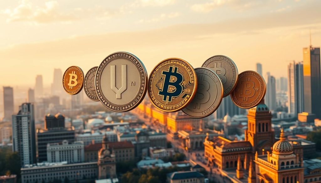 A detailed architectural rendering of various cryptocurrency tokens and coins floating above a futuristic Ukrainian cityscape, bathed in a warm, amber-tinted lighting. The tokens appear to be made of sleek, metallic materials, each with unique designs and textures. In the background, a mix of modern skyscrapers and traditional Ukrainian buildings create a striking contrast, showcasing the integration of emerging digital assets within the country's urban landscape. The scene conveys a sense of progress, innovation, and the growing prominence of cryptocurrency in Ukraine's economic and technological landscape.