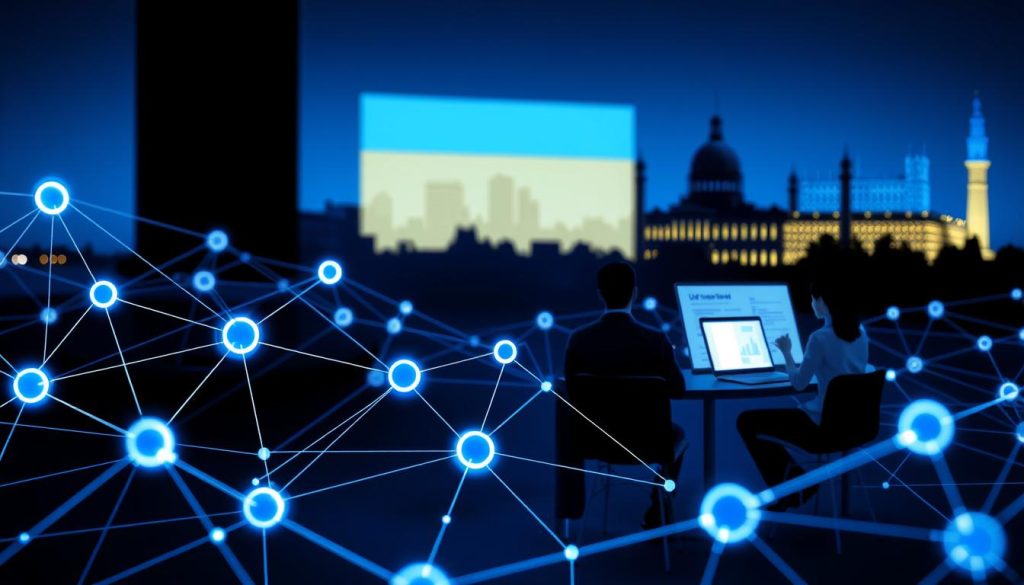 A detailed blockchain technology visualization with a sleek, modern aesthetic. In the foreground, a streamlined blockchain network diagram featuring geometric shapes and interconnected nodes. The middle ground showcases a trio of developers collaborating on a blockchain project, their laptops and whiteboards illuminated by cool-toned lighting. In the background, a stylized Ukrainian landmark or cityscape provides a contextual setting. The overall scene conveys the forward-thinking, innovative nature of blockchain technology and its potential applications in Ukraine.