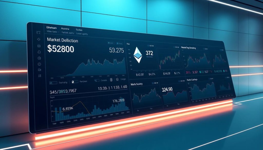 A detailed, data-rich visualization of Ethereum market indicators: a sleek, ultramodern digital dashboard display showing real-time charts and graphs tracking key Ethereum metrics such as price, trading volume, network activity, gas prices, and market capitalization. The display is presented against a high-tech, minimalist backdrop with clean lines, muted colors, and subtle lighting effects to create a sense of sophistication and technical prowess. The overall composition conveys an impression of data-driven insights and comprehensive market analysis for the Ethereum ecosystem.