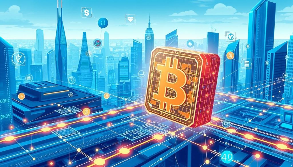 A detailed digital illustration of a blockchain network, with a central focal point showcasing a large, intricate blockchain block. The background features a futuristic cityscape with sleek, modern buildings and infrastructure, bathed in a cool, blue-tinted lighting that creates a sense of technological sophistication. The foreground includes various data visualization elements, such as floating data nodes, transaction flow diagrams, and cryptographic symbols, all interacting dynamically to convey the complex, interconnected nature of the blockchain system. The overall composition should strike a balance between the abstract, technical aspects of blockchain technology and the practical, real-world applications it enables within the Ukrainian context.