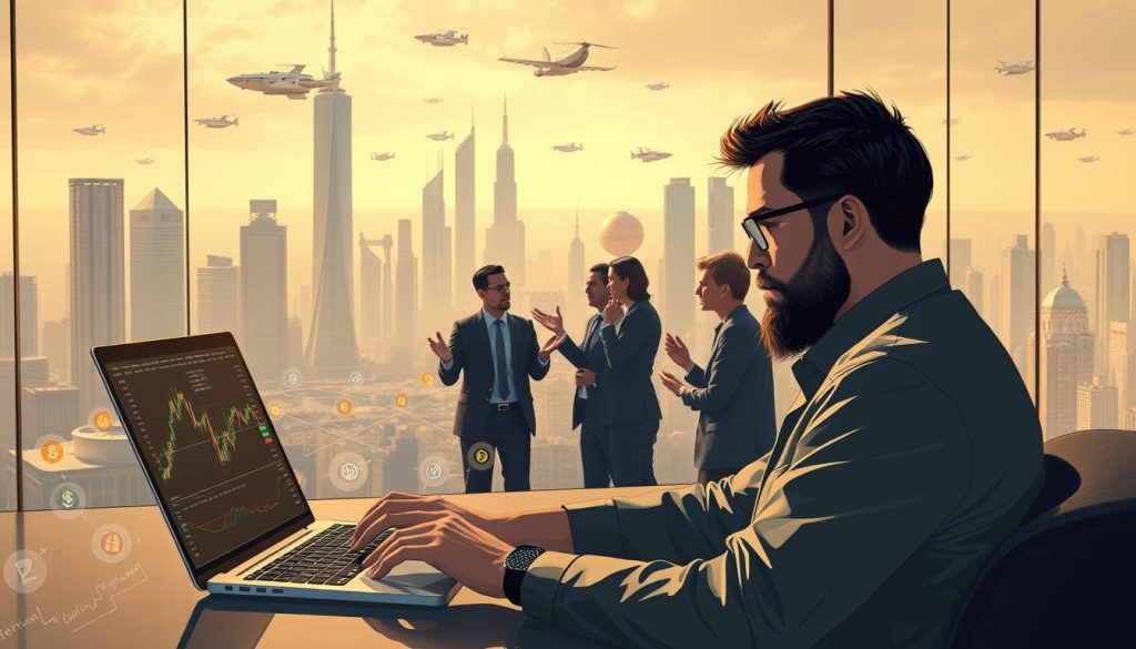 A detailed illustration of long-term cryptocurrency investment strategies. In the foreground, a crypto trader carefully analyzing candlestick charts on a sleek laptop, surrounded by holographic displays of various cryptocurrencies. In the middle ground, a group of investors engaged in animated discussions, gesturing towards a large, transparent screen displaying portfolio performance metrics and long-term growth projections. In the background, a futuristic cityscape with towering skyscrapers and flying vehicles, signifying the integration of cryptocurrency into the global financial landscape. The scene is bathed in a warm, subdued lighting, conveying a sense of thoughtful contemplation and strategic planning.